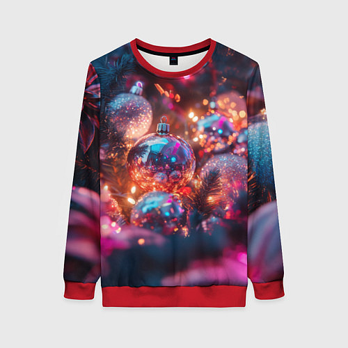 Женский свитшот Новогодние шары и фиолетовые блески / 3D-Красный – фото 1