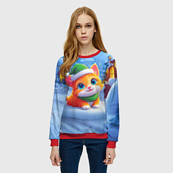 Свитшот женский Новогодний котенок в зеленой шапочке, цвет: 3D-красный — фото 2