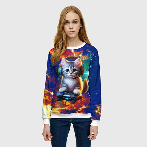 Женский свитшот Удивительный мир котёнка игромана / 3D-Белый – фото 3