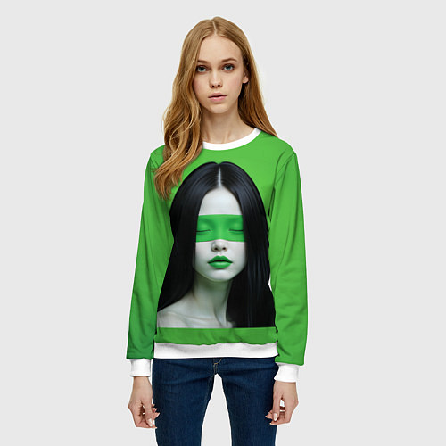 Женский свитшот Pop art девушка на зеленом фоне / 3D-Белый – фото 3