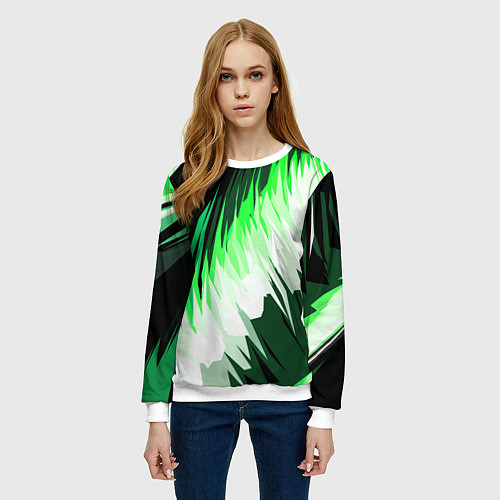 Женский свитшот Зелёно-белая абстракция на чёрном фоне / 3D-Белый – фото 3