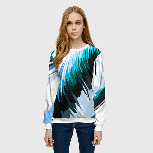 Женский свитшот Чёрно-синие острые полосы на белом фоне / 3D-Белый – фото 3