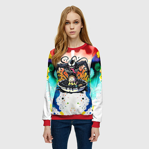 Женский свитшот Веном присмотрелся к Морти - ядовитая слизь / 3D-Красный – фото 3