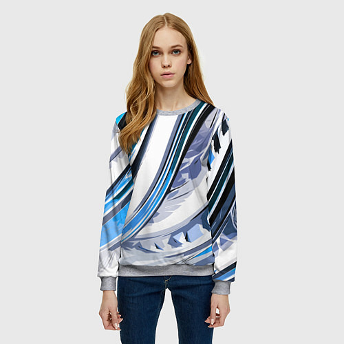 Женский свитшот Волнистая бело-синяя абстракция / 3D-Меланж – фото 3