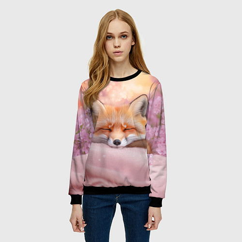 Женский свитшот Милая лисичка и сирень / 3D-Черный – фото 3