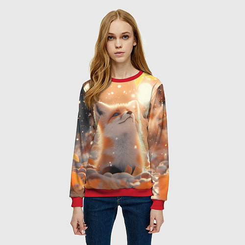 Женский свитшот Лисица поздней осенью / 3D-Красный – фото 3