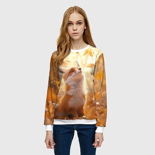 Женский свитшот Рыжая лисица в осеннем лесу / 3D-Белый – фото 3