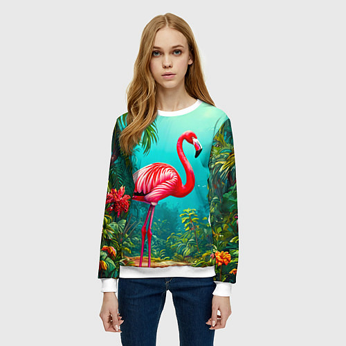 Женский свитшот Фламинго в джунглях / 3D-Белый – фото 3