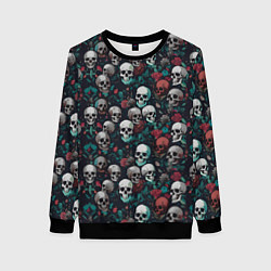 Свитшот женский Красные цветы и черепа, цвет: 3D-черный