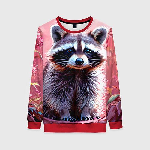 Женский свитшот Енот в розовом лесу / 3D-Красный – фото 1