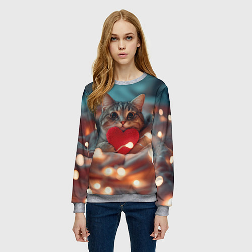 Женский свитшот Кошка с сердцем / 3D-Меланж – фото 3