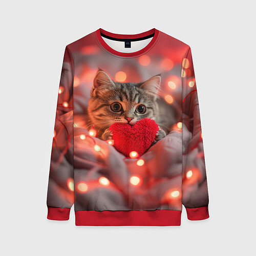 Женский свитшот Кошечка с сердечком и с гирляндой / 3D-Красный – фото 1