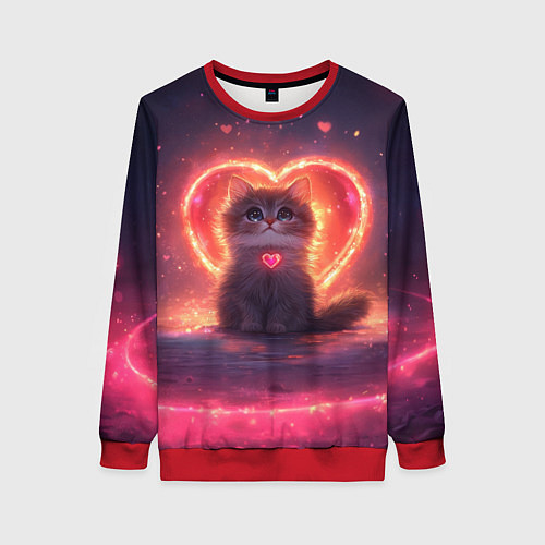 Женский свитшот Котенок и сердце из света / 3D-Красный – фото 1