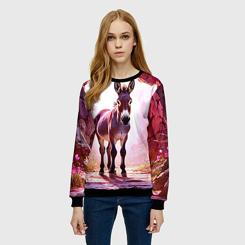 Женский свитшот Осел в розовом свете / 3D-Черный – фото 3