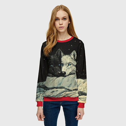 Женский свитшот Черный волк и белая волчица / 3D-Красный – фото 3