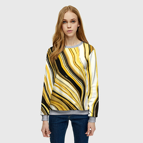 Женский свитшот Волнистые вертикальные чёрно-жёлтые полосы / 3D-Меланж – фото 3