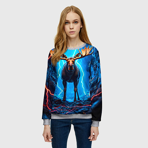 Женский свитшот Лось и молния / 3D-Меланж – фото 3