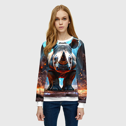 Женский свитшот Носорог в лучах / 3D-Белый – фото 3