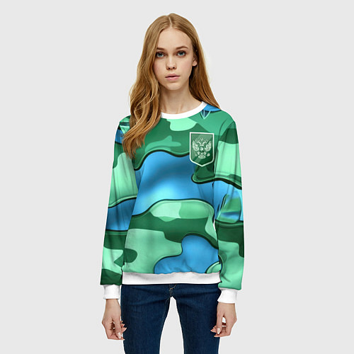 Женский свитшот Зелено-голубой камуфляж и герб РФ / 3D-Белый – фото 3