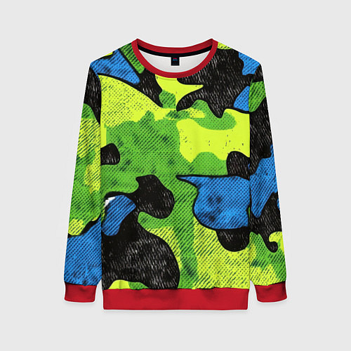 Женский свитшот Зелено-синий абстрактный камуфляж / 3D-Красный – фото 1