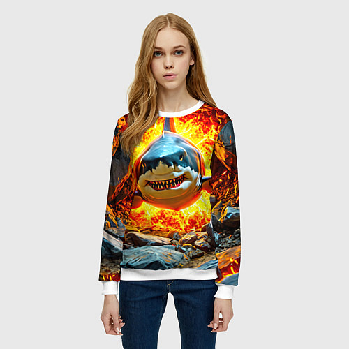 Женский свитшот Акула в огне / 3D-Белый – фото 3