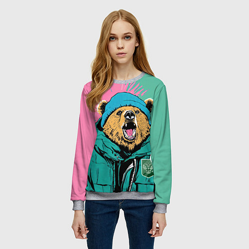 Женский свитшот Злой медведь в зимней одежде / 3D-Меланж – фото 3