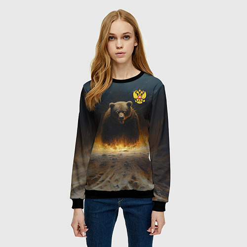 Женский свитшот Русский медведь в огненном поле / 3D-Черный – фото 3