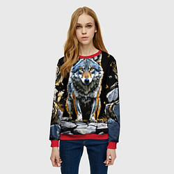 Свитшот женский Волк на черном, цвет: 3D-красный — фото 2