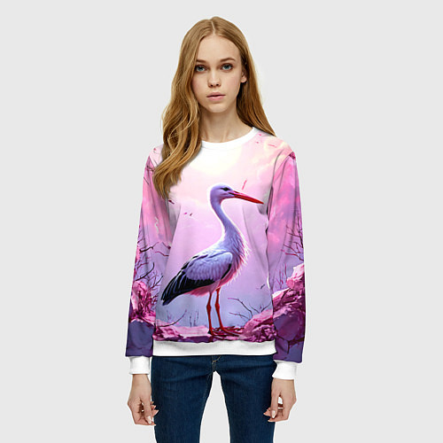Женский свитшот Аист в розовых облаках / 3D-Белый – фото 3