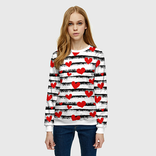 Женский свитшот Паттерн с полосками и сердечками / 3D-Белый – фото 3