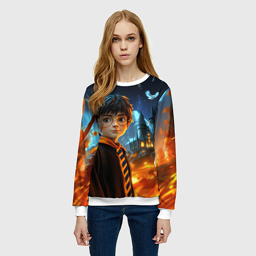 Женский свитшот Гарри Поттер на фоне огня / 3D-Белый – фото 3