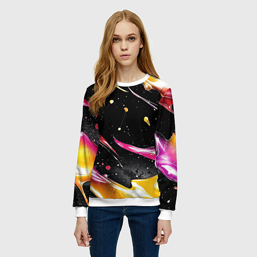 Женский свитшот Мазки краски на черном / 3D-Белый – фото 3