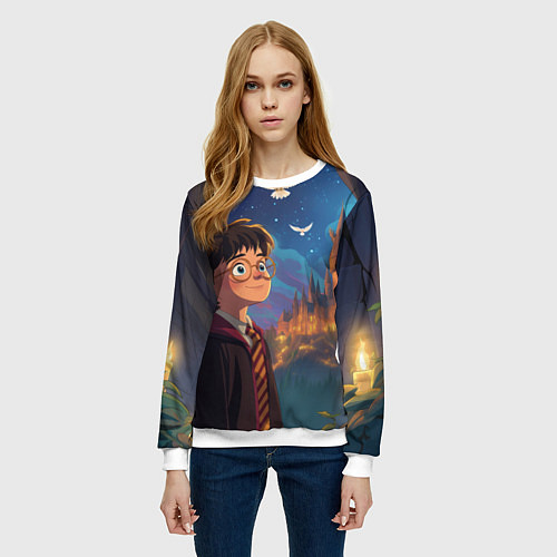 Женский свитшот Удивленный Гарри Поттер и сова / 3D-Белый – фото 3