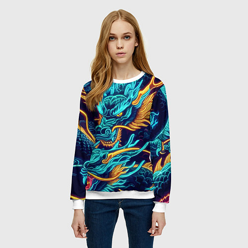 Женский свитшот Два неоновых дракона - ирезуми / 3D-Белый – фото 3