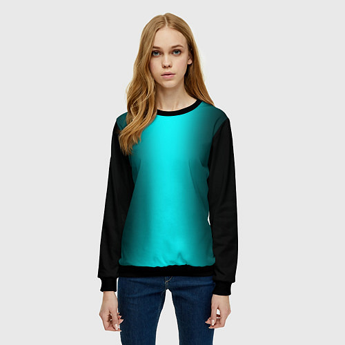 Женский свитшот Чёрный и неоновый голубой градиент по центру / 3D-Черный – фото 3