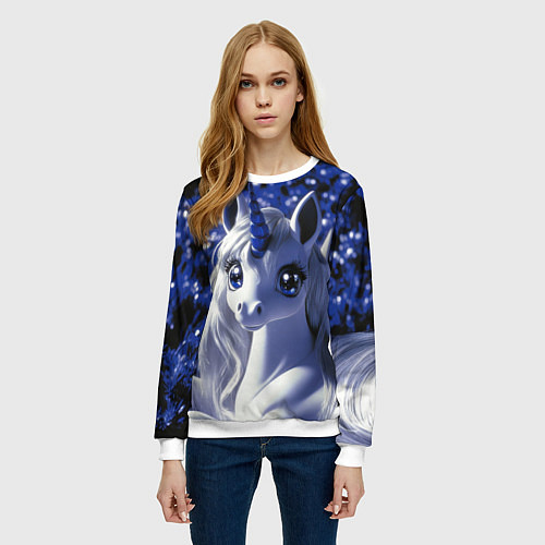Женский свитшот Единорог - синий рог / 3D-Белый – фото 3