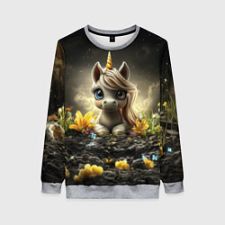 Свитшот женский Белая единорожка на черном фоне, цвет: 3D-меланж
