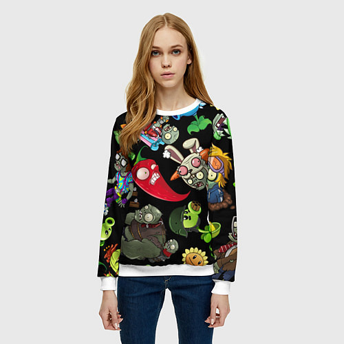 Женский свитшот Растения против зомби персонажи на черном / 3D-Белый – фото 3