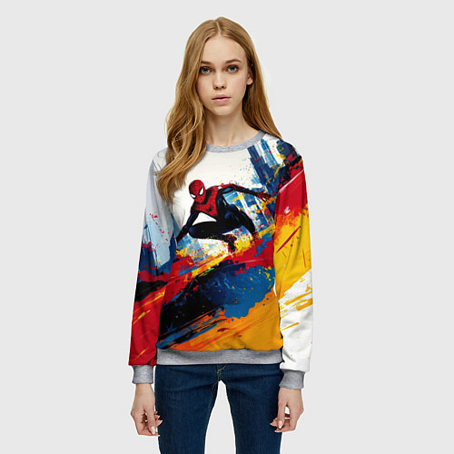 Женский свитшот Человек - паук и пролитая краска / 3D-Меланж – фото 3