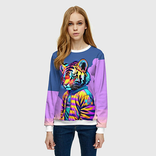 Женский свитшот Cool tiger cub - pop art / 3D-Белый – фото 3