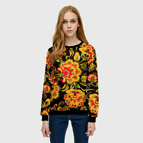Женский свитшот Хохлома - роспись / 3D-Черный – фото 3