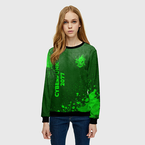 Женский свитшот Cyberpunk 2077 - green gradient вертикально / 3D-Черный – фото 3