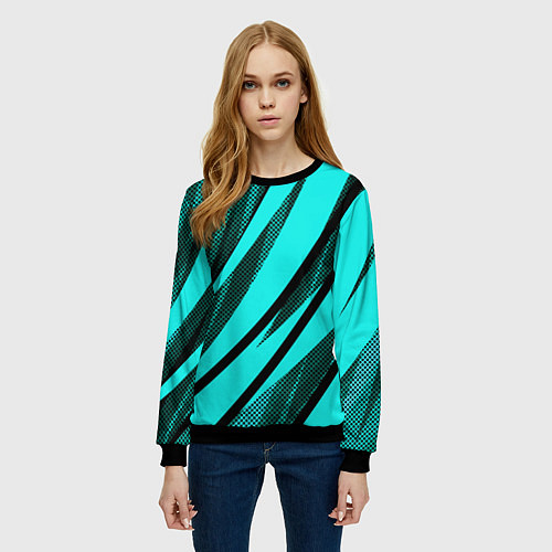 Женский свитшот Неоновый голубой с чёрным абстракция с полосами / 3D-Черный – фото 3