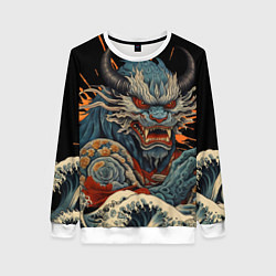 Свитшот женский Японский дракон и волны в стиле тату ирезуми, цвет: 3D-белый