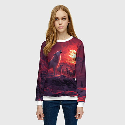Женский свитшот Белый волк воет на луну / 3D-Белый – фото 3