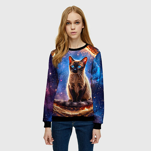 Женский свитшот Сиамская кошка в космосе / 3D-Черный – фото 3