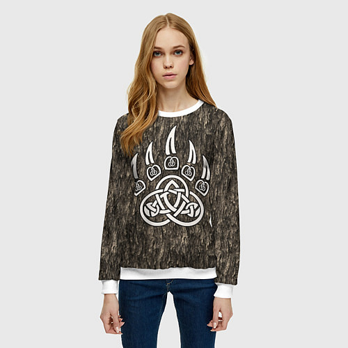 Женский свитшот Символ Велеса - лапа медведя в текстуре древа / 3D-Белый – фото 3