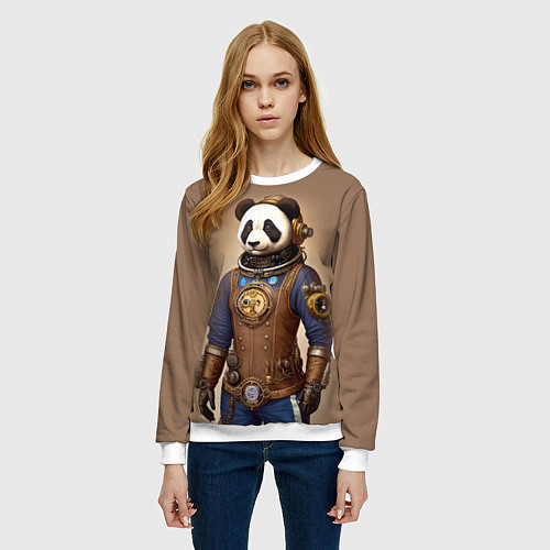 Женский свитшот Крутой панда в стиле стимпанк / 3D-Белый – фото 3