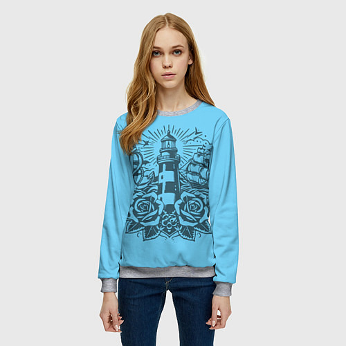 Женский свитшот Маяк с розами и кораблем / 3D-Меланж – фото 3