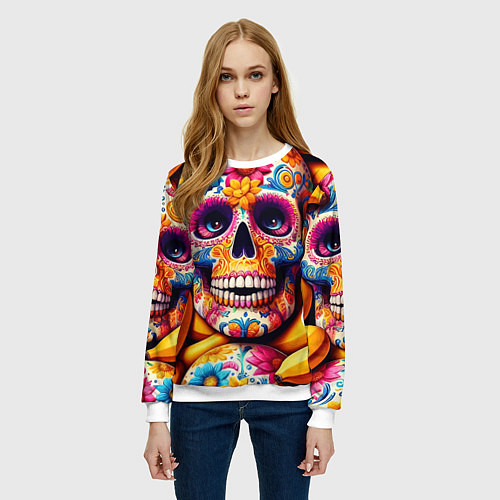 Женский свитшот Цветочный череп среди бананов - нейроарт / 3D-Белый – фото 3